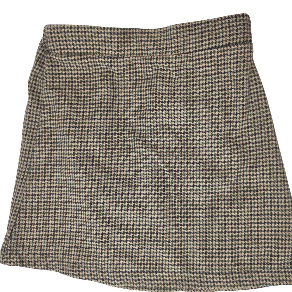 American Eagle Houndstooth Mini Skirt Tan Green Navy Plaid Made in Italy XS